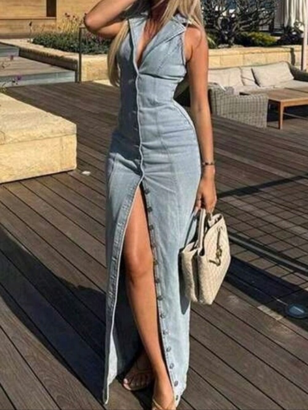 Sleeveless Button-Front Light Blue Denim Maxi Dress